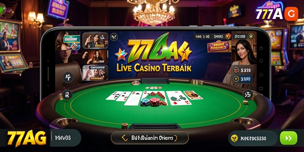 Screenshot gameplay 77AG menunjukkan dealer langsung dan suasana permainan yang mendebarkan.