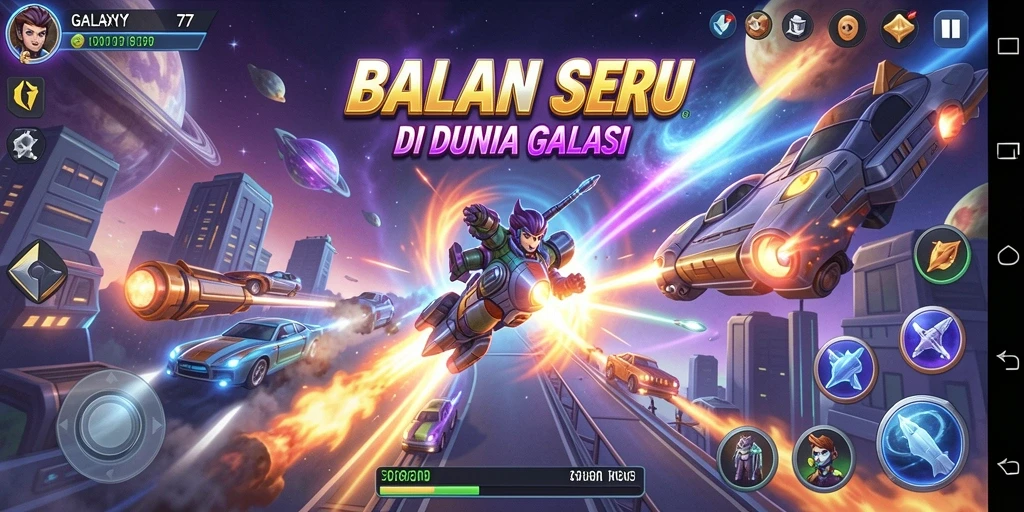 Tampilan gameplay GALAXY77 yang seru dengan balapan luar angkasa.