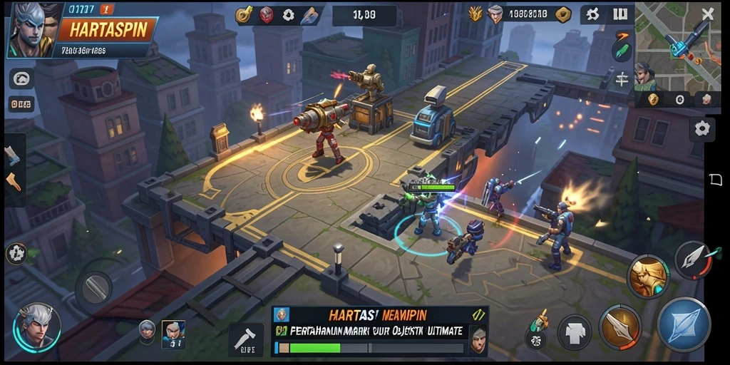 Gameplay HARTASPIN menampilkan serangan musuh yang dinamis dan pertahanan yang strategis.