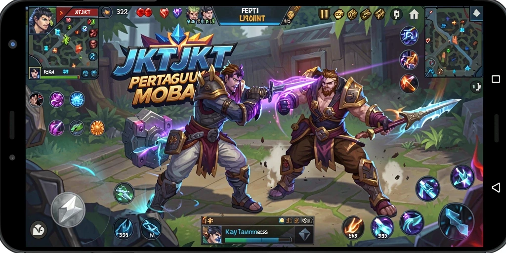 Screenshot JKTJKT menampilkan pertempuran antar karakter MOBA yang seru.
