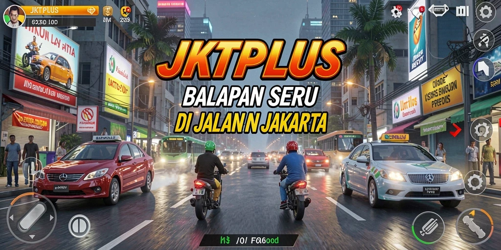 Gameplay seru JKTPLUS di jalanan Jakarta dengan mobil cepat.