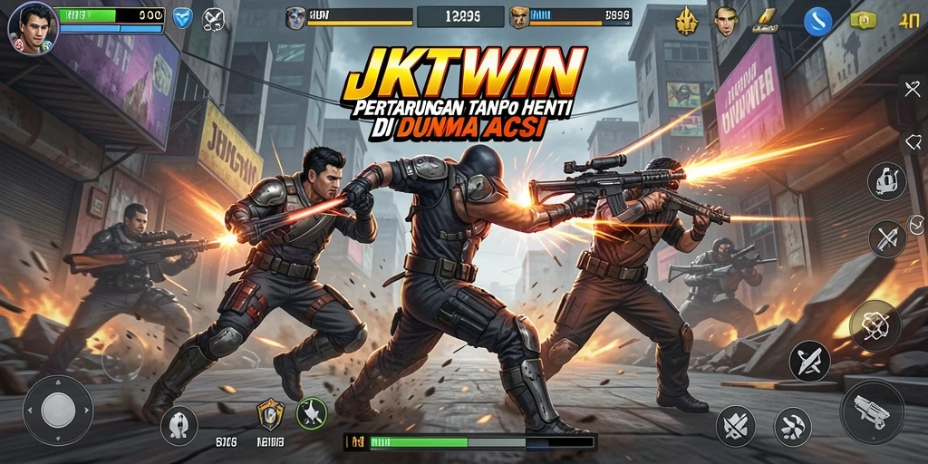 Gameplay intens JKTWIN menunjukkan aksi pertarungan yang mendebarkan.