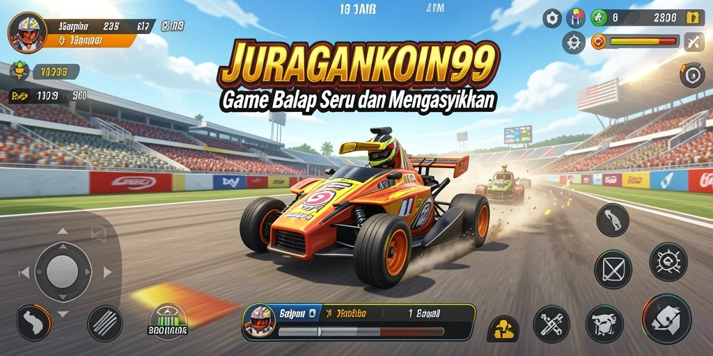 Tampilan gameplay balap seru JURAGANKOIN99 dengan mobil berkecepatan tinggi.