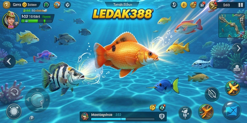 Tampilan gameplay LEDAK388 yang penuh aksi saat menembak ikan.