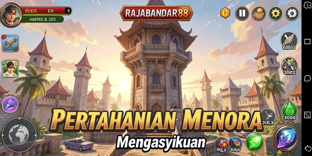 Tampilan menara pertahanan dengan latar belakang serangan musuh di RAJABANDAR88.