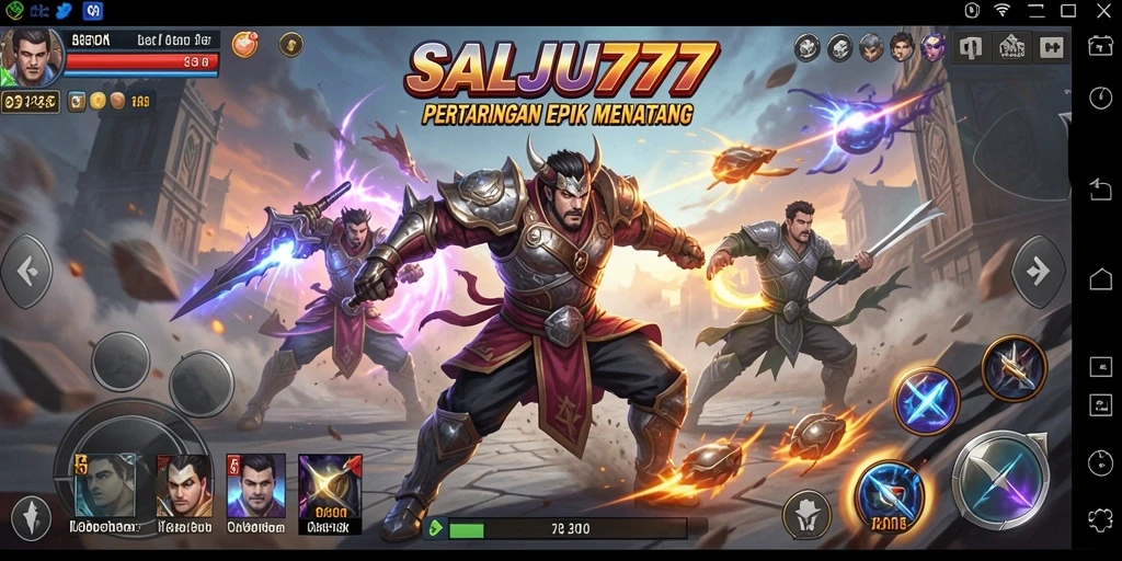 Screenshot utama SALJU777 menampilkan pertarungan epik di arena yang mendebarkan.