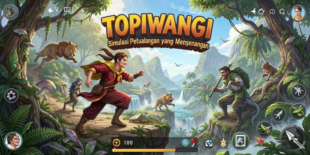 Screenshot gameplay <strong>TOPIWANGI</strong> menunjukkan dunia petualangan penuh warna dan interaksi.