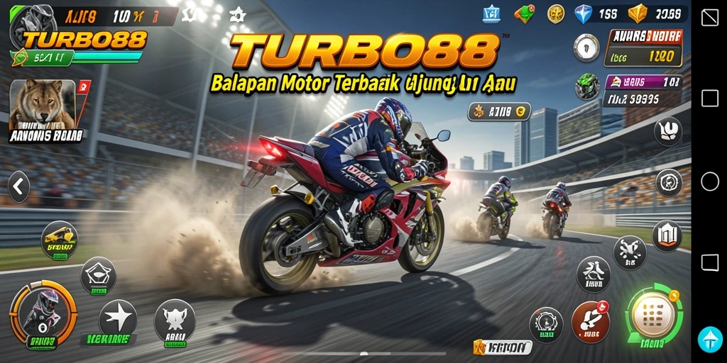 Gameplay seru dalam TURBO88 saat balapan motor.